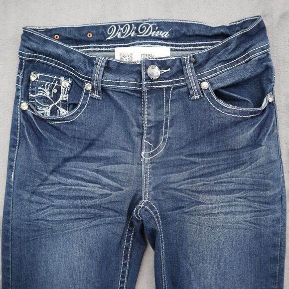 Vivi Diva Pants Womens 5 Blue Denim Flat Front Mid Rise Skinny Pockets Jeans - Picture 10 of 16